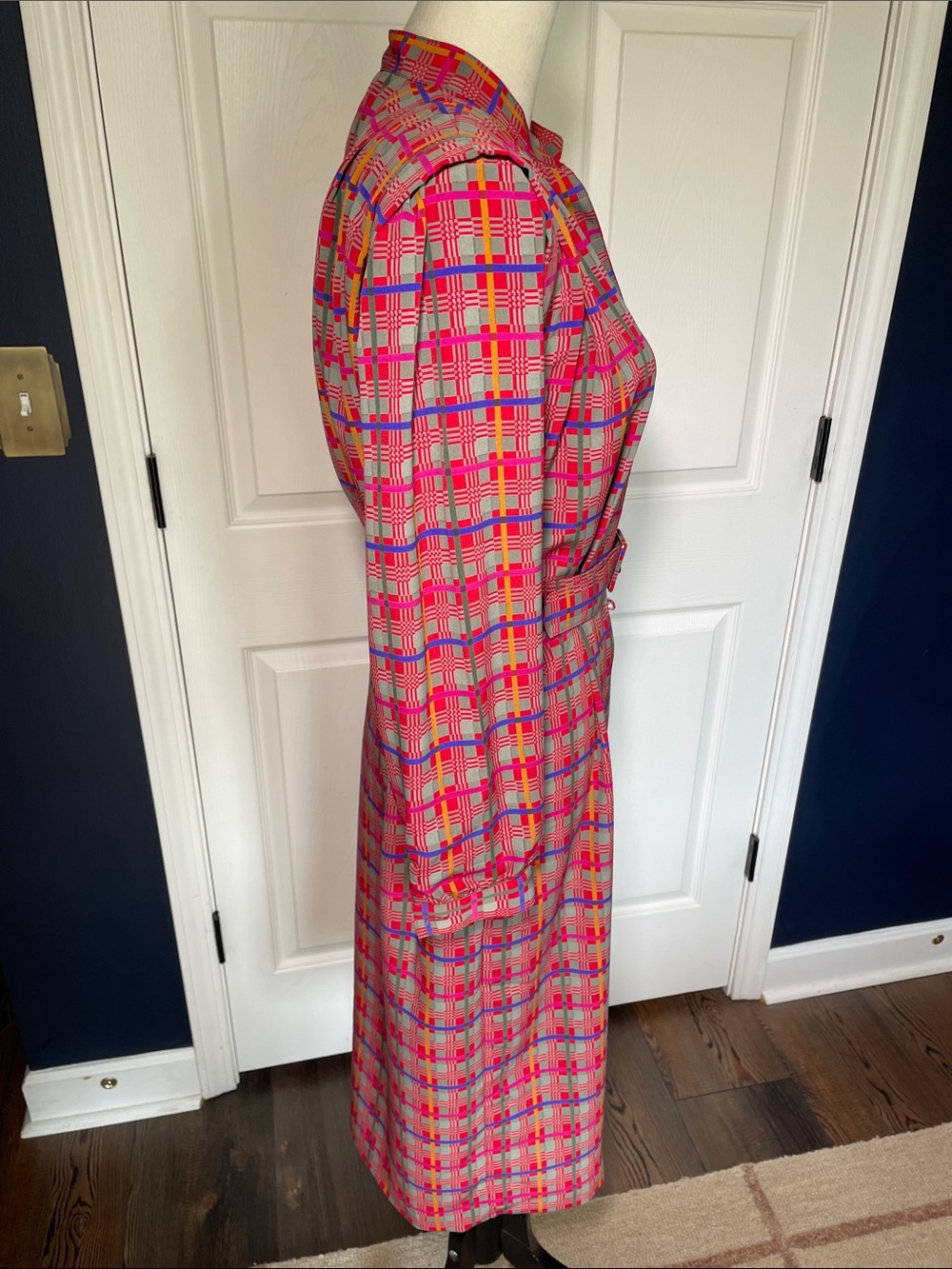 Vintage Hana Sung 1980s Plaid Shirt Dress Midi Belted Shoulder Pads Pink Blue 10 - Picture 5 of 13